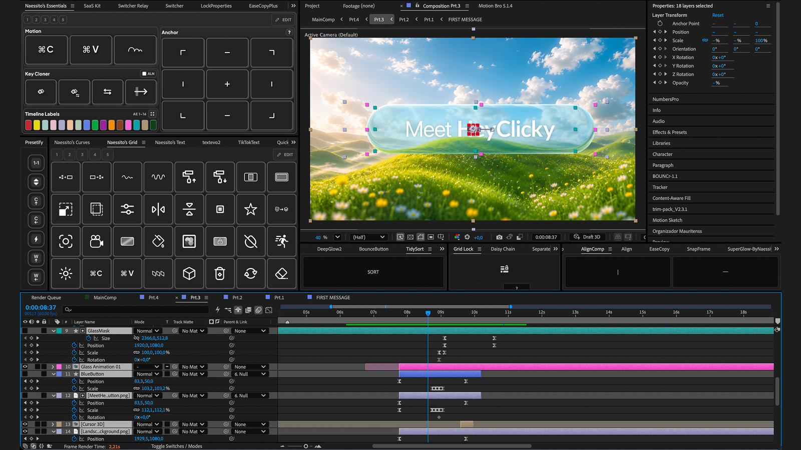 Proyecto de animación abierto en la interfaz de After Effects