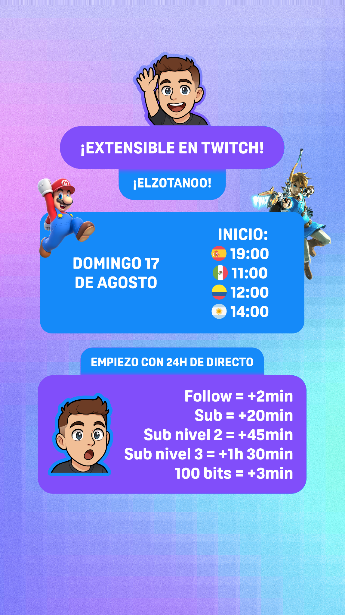Vertical poster for Twitch subathon with start times by country and extension rules